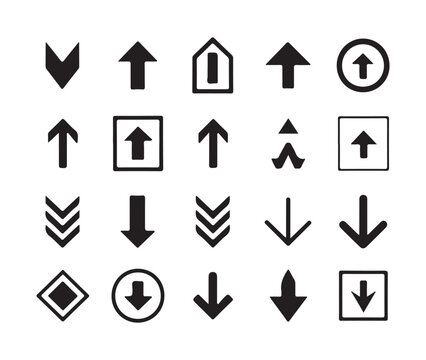 Eighteen arrow icons featuring up down single and double chevrons in various modern styles