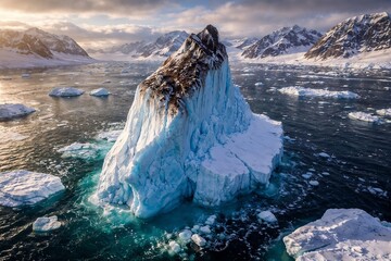 Majestic iceberg floating in icy Arctic waters with distant snow-capped mountains at sunset