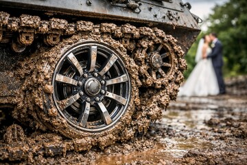 Close-up of muddy tank wheel with a wedding couple blurred in the background during outdoor ceremony