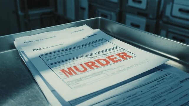 Report with the text "Murder" in a morgue.