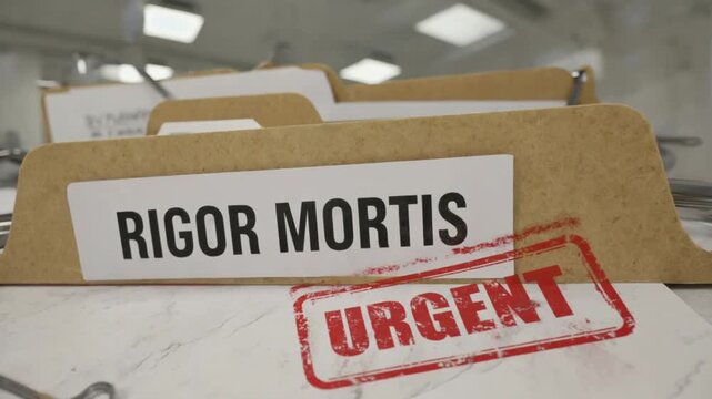 Report with the text "rigor mortis" in a morgue.