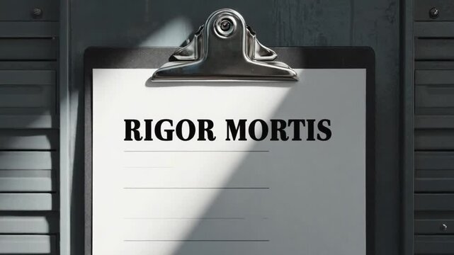 Report with the text "rigor mortis" in a morgue.