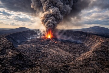 Active volcanic eruption with flowing lava, smoke, and ash plume in a rugged landscape under cloudy sky