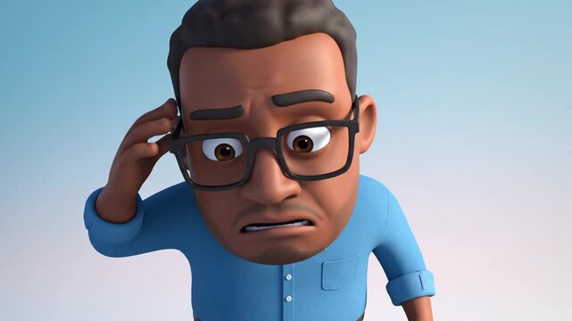 Cartoon character in blue shirt expressing headache with hand on head against a light blue background suffering and stress