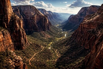 Scenic aerial view of Zion Canyon with towering red sandstone cliffs, lush green valley, and winding river in Zion National Park