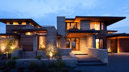 Fototapeta premium realestate. Modern residential architecture illuminated by warm interior lights at dusk. real-estate listings. 