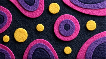Colorful abstract design featuring layered shapes in pink, purple, and yellow on a dark background