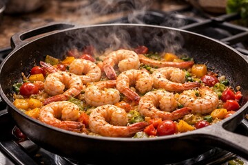 Shrimp and vegetable stir-fry in a black skillet with cherry tomatoes, yellow bell peppers, and herbs on a stovetop