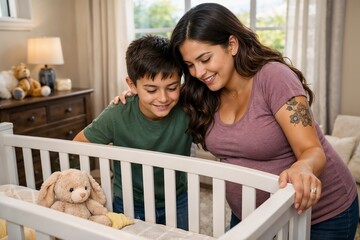 Happy mother and son bonding in a nursery, looking into a crib with toys and a teddy bear, cozy indoor family moment
