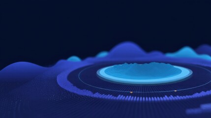 Abstract digital landscape visualization with vibrant waveforms and circular patterns in glowing blue shades on a dark background
