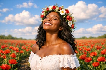 Smiling woman wearing a flower crown in a vibrant poppy field under blue sky with white clouds