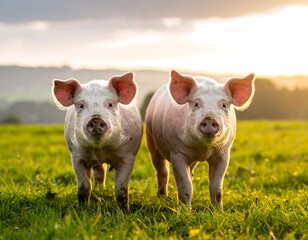 Two pigs in a field at sunset