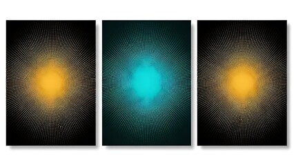 Triptych Artwork of Glowing Yellow and Blue Orbs on Black Background