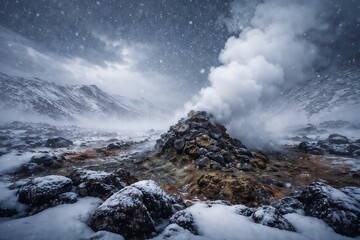 Volcanic Hot Spring with Steam Eruption in a Snow-Covered, Mountainous Landscape During Winter Night