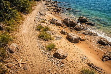 Scenic Coastal Pathway with Rocks and Sandy Beach, Seaside Shoreline with Vegetation and Turquoise Water