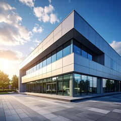 Modern office building at sunset