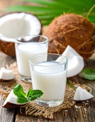 Two glasses of coconut milk, fresh coconuts, and mint leaves