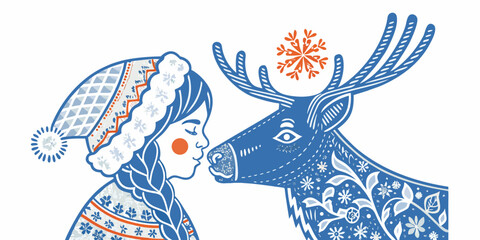 A young girl gently kisses the nose of a reindeer in a winter scene © Ruhidas