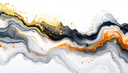 Abstract flowing design with layered gold, black, grey and orange, on white background