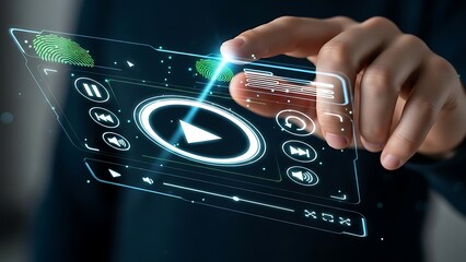 Hand Interacting with Virtual Screen Interface with Play Button