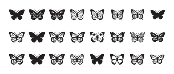 Set of black and white vector icons representing various butterfly shapes and designs for graphic use © MdJahid