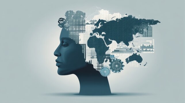 Female silhouette with a world map made of gears and machinery, symbolizing the connection between technology, innovation, and global thinking in contemporary society - Powered by Adobe