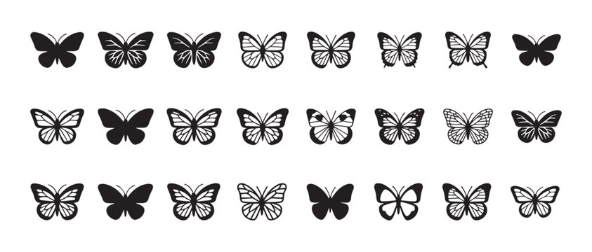 Set of black and white vector icons representing various butterfly shapes and designs for graphic use