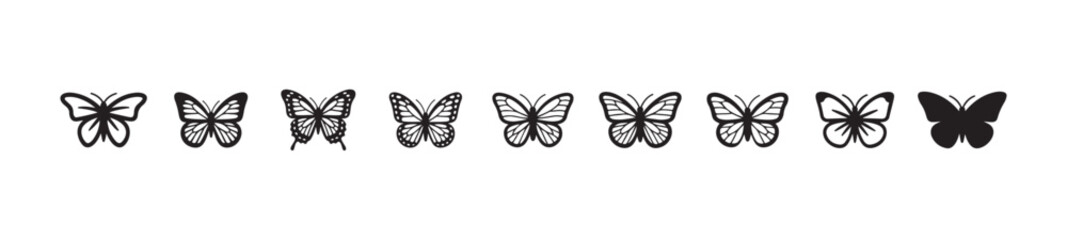 Collection of simple black and white butterfly icons in line art style for design use © MdJahid