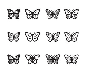 Group of twelve black and white butterfly vector graphics featuring varied symmetrical wing designs © MdJahid