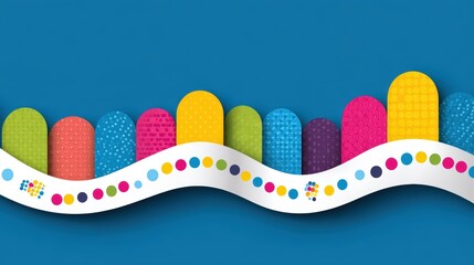 Colorful abstract design featuring textured shapes and playful patterns on a vibrant blue background