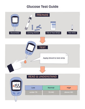 Glucose test guide diagram explains home blood sugar steps with glucometer, lancing device, and test strip, from prepare to read results for clear self-check, transparent background.