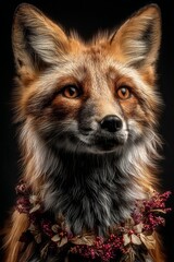 Fototapeta premium Red fox with holly leaf necklace in vintage wildlife portrait style, oil painting texture on dark background, holiday atmosphere