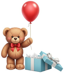 Teddy bear with red bow tie holding red balloon and open gift box