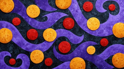 Colorful abstract design featuring vibrant circles and flowing patterns on a dark background