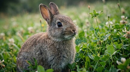 Fototapeta premium Adorable Wild Rabbit Enjoying a Fresh Clover Meal in a Lush Green Meadow