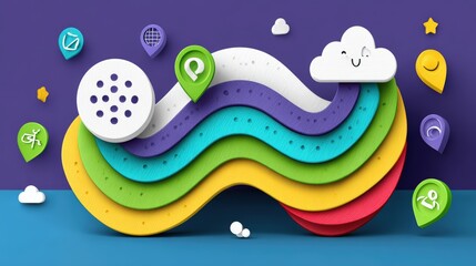 Colorful abstract design featuring waves, clouds, and location markers against a purple backdrop