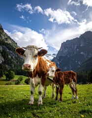 Two cows in a lush meadow, mountains in the background