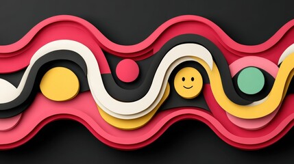 Colorful abstract design featuring wavy layers and playful shapes on a dark background