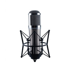 Silver microphone with transparent background black shock mount and spider suspension system isolated on a transparent background