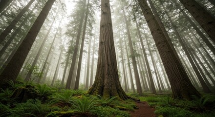 Towering redwood trees create a dense canopy over a damp forest floor covered in ferns and mist