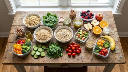 Healthy Meal Prep with Fresh Fruits, Vegetables.