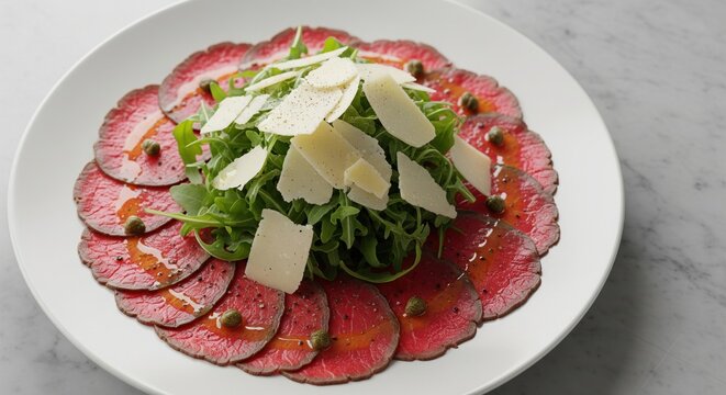 Fresh raw beef carpaccio sliced meat with parmesan cheese and arugula on white plate