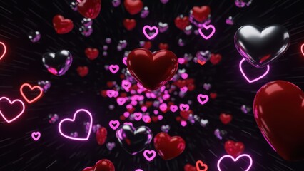 Floating hearts in neon glow