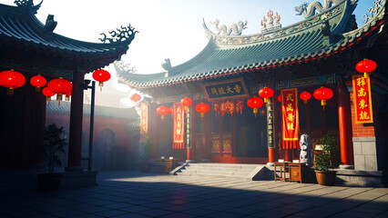 Fototapeta premium Traditional Chinese Temple Courtyard with Red Lanterns and Sunlight