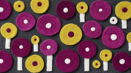 Colorful abstract fabric design featuring circular patterns and tree shapes on a dark background