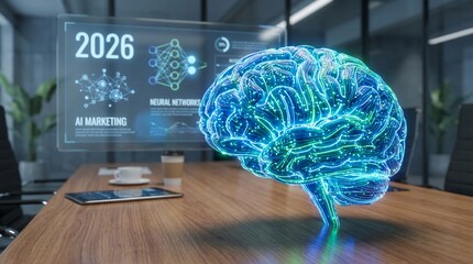 Glowing digital brain on wooden desk, holographic display shows 'AI MARKETING' and 'NEURAL NETWORKS' information, concept for future business, technology presentations and executive board meetings
