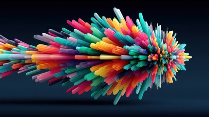 Colorful abstract fish shape made of vibrant, elongated shapes against a dark background