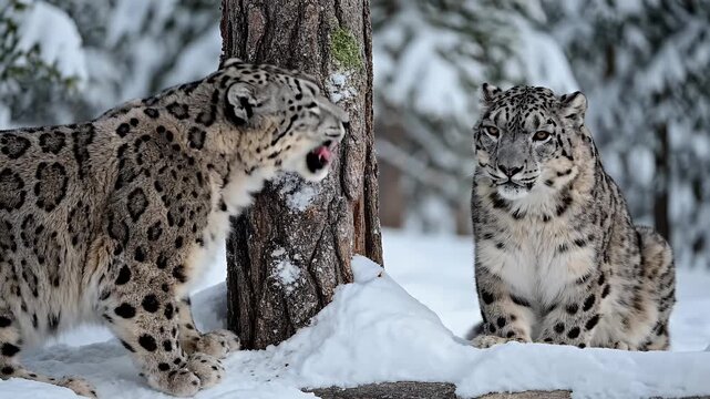 Two majestic Snow Leopards interact in a cold winter forest