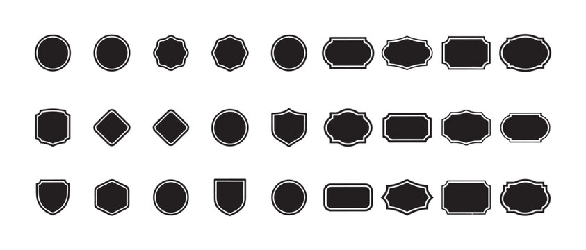 Group of various black empty frames crests shields and circular shapes for badges or labels design asset