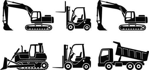 PrintBlack Heavy Construction Machinery Silhouette Set Featuring Excavator Bulldozer Forklift and Dump Truck Icon Illustration Isolated on White Background for Industry,